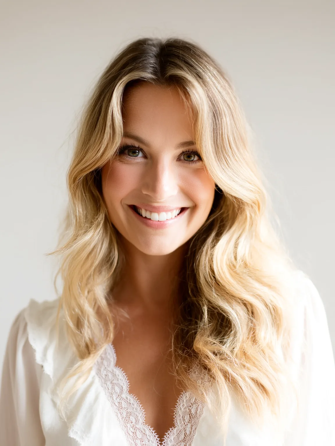 Flowing Layered Waves with Sun-Kissed Blonde Balayage
